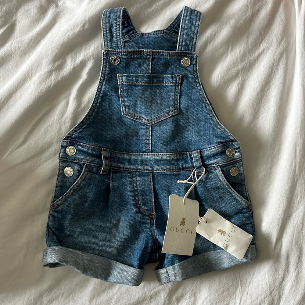 Gucci One Piece Baby Denim Overall 9-12M with Cherry Pocket